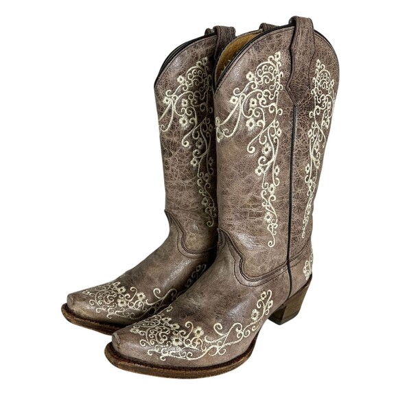 Corral Teens Western Cowgirl Boots  Size 3  Distressed Leather Scroll Embroidery - Picture 1 of 13